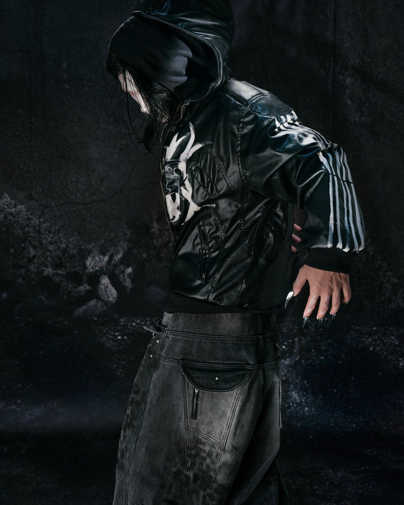 "BBY TECHBOI" 2 LAYER LEATHER SHELL HOODED JACKET