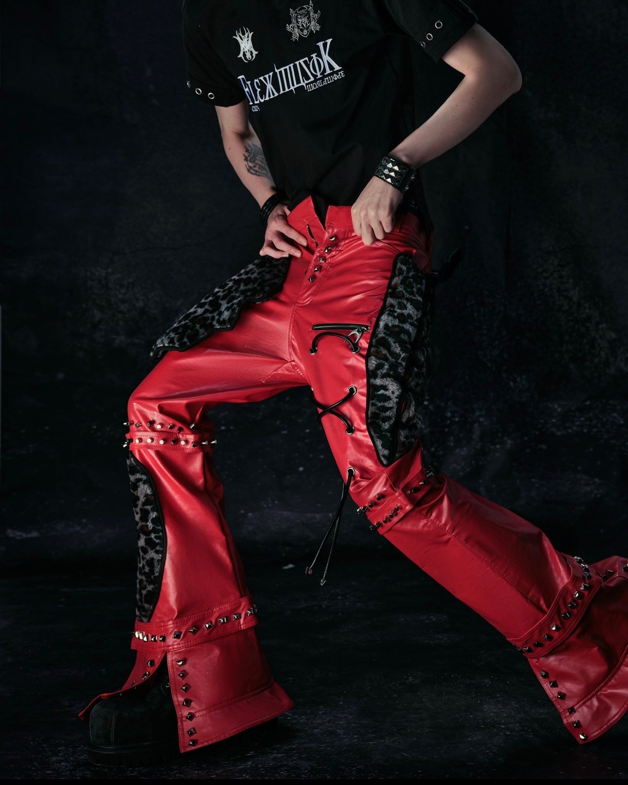 "FLAWLESS" LEOPARD MIX RED LEATHER SKINNY FLARED