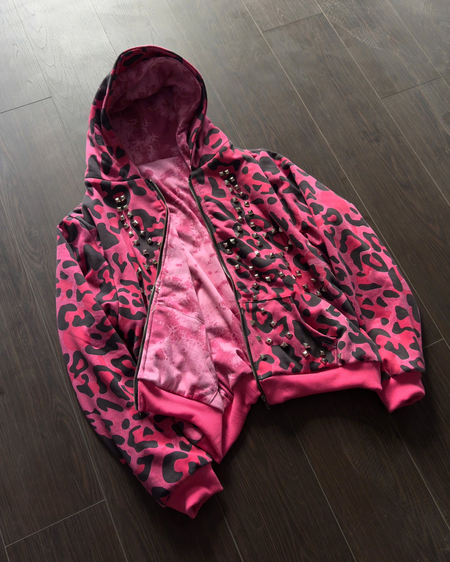 PINK GLAMOUR STUDDED 2SIDES HOODZIP