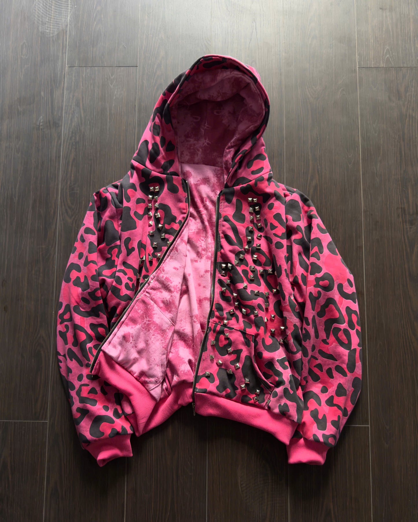 PINK GLAMOUR STUDDED 2SIDES HOODZIP