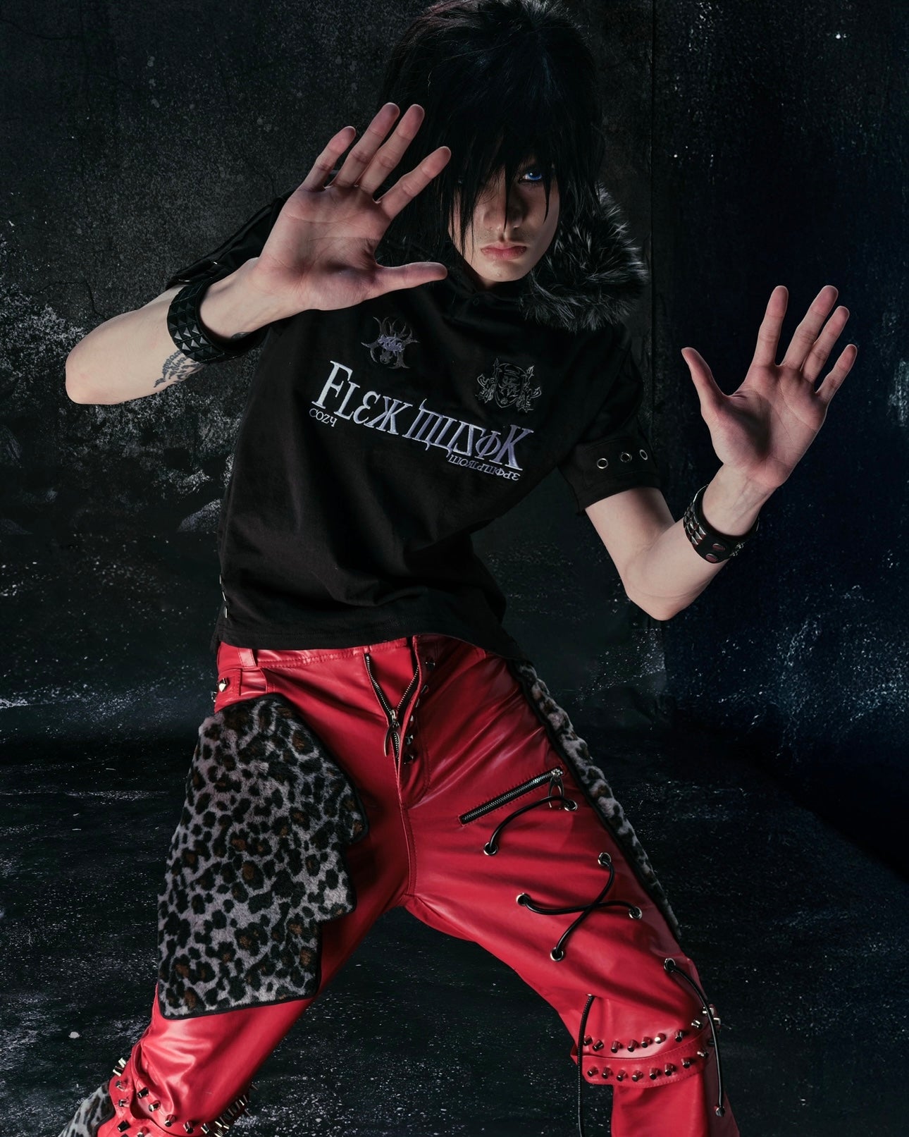 "FLAWLESS" LEOPARD MIX RED LEATHER SKINNY FLARED