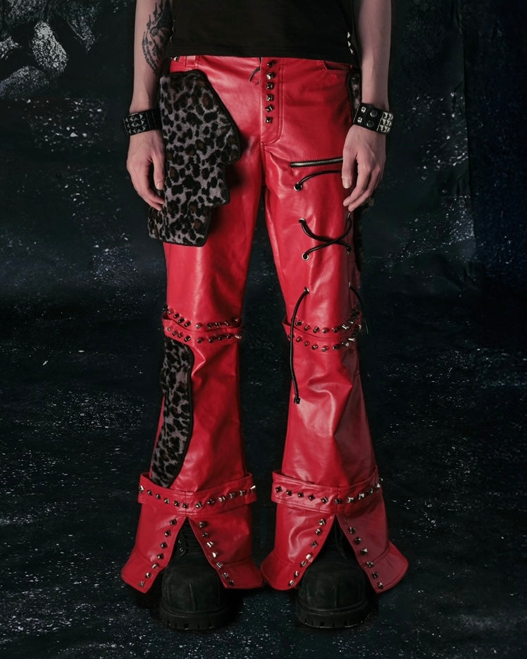 "FLAWLESS" LEOPARD MIX RED LEATHER SKINNY FLARED